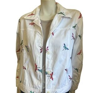 Coldwater Creek Red and White Jean Jacket with Dragonfly Design